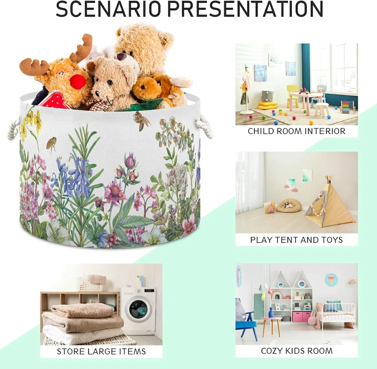 Cotton Rope Laundry Basket Wildflowers Baby Laundry Basket for Blankets Toys Storage Basket
