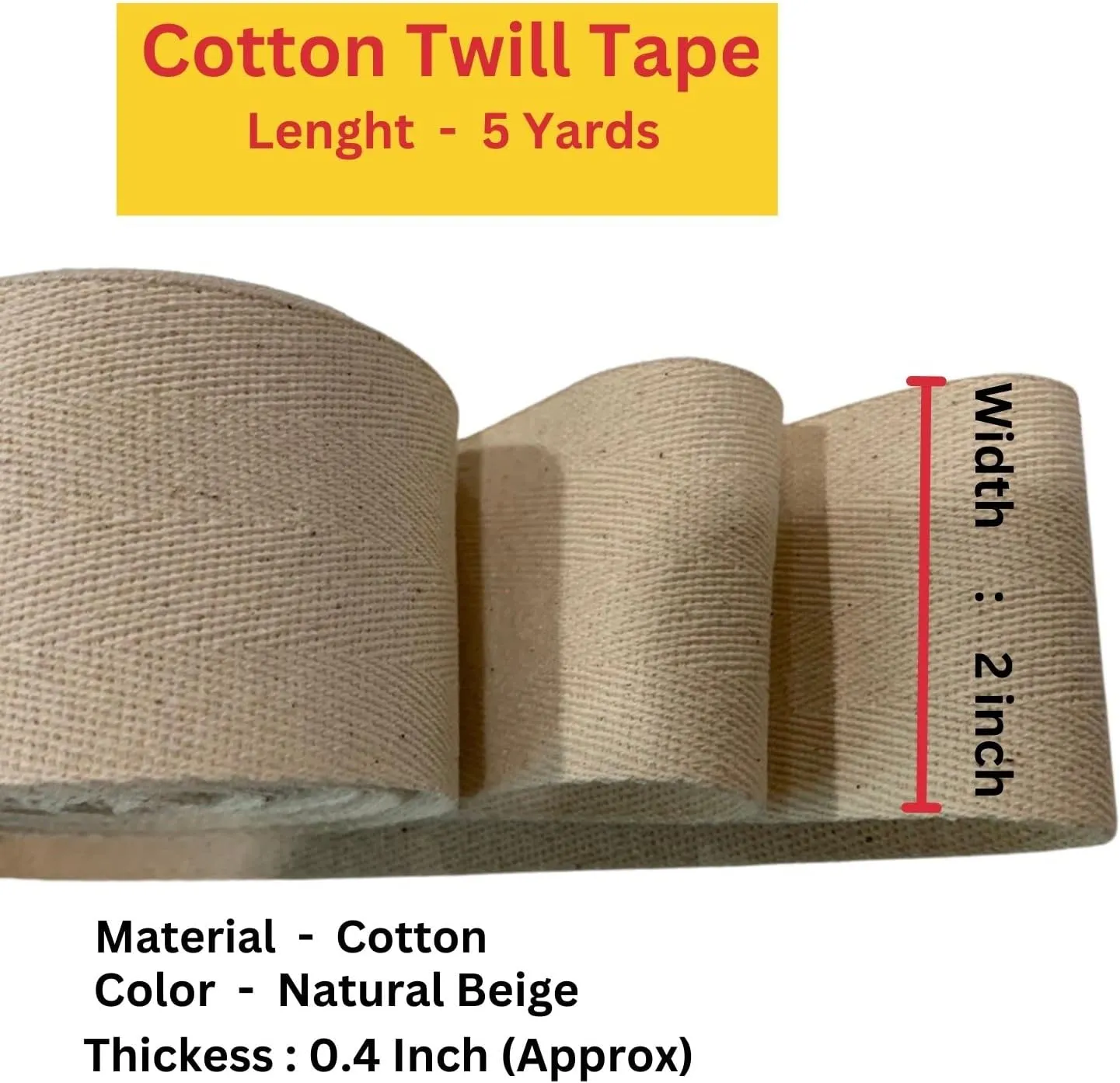 Cotton Webbing Strap 5 Yards Herringbone Twill Tape Trim Sewing Twill Ribbon Strapping Fabric for DIY Crafts Sewing Supplies (Beige, 2 inch)