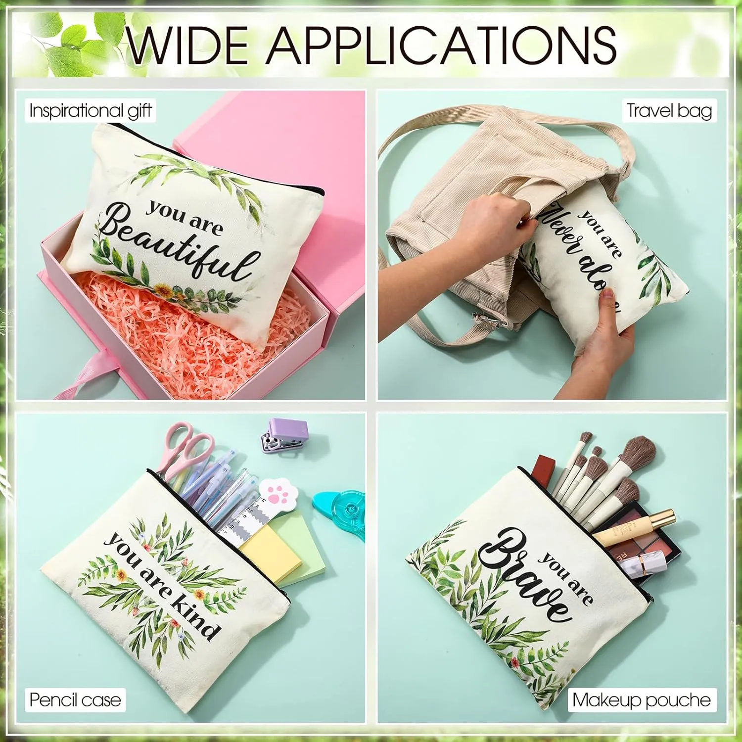 Coume 12 Pieces Thank You Gift Makeup Bags Inspirational Gifts for Social Worker Nurse Women Appreciation Gift for Colleague Coworkers Teacher Volunteer Cosmetic Bags for Birthday(Fresh,Green)