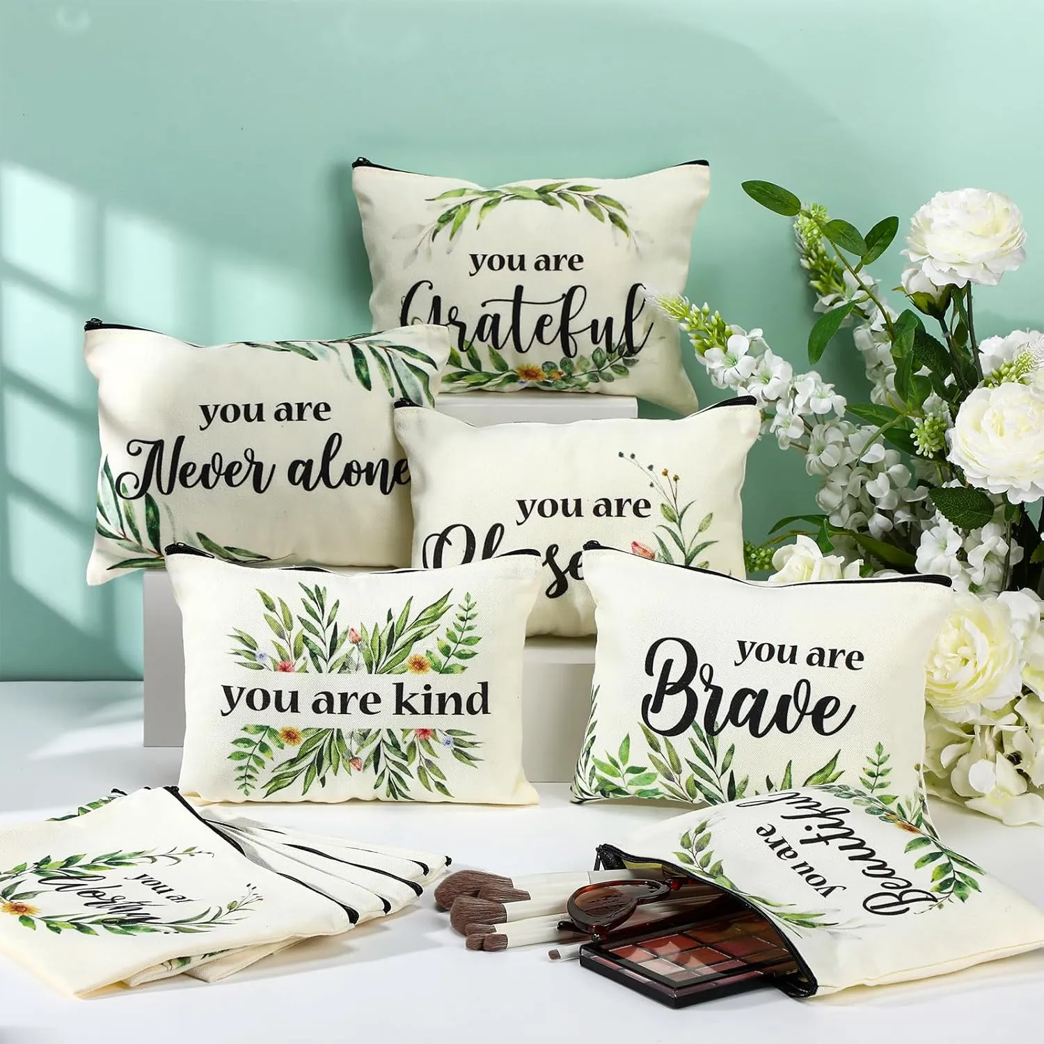 Coume 12 Pieces Thank You Gift Makeup Bags Inspirational Gifts for Social Worker Nurse Women Appreciation Gift for Colleague Coworkers Teacher Volunteer Cosmetic Bags for Birthday(Fresh,Green)