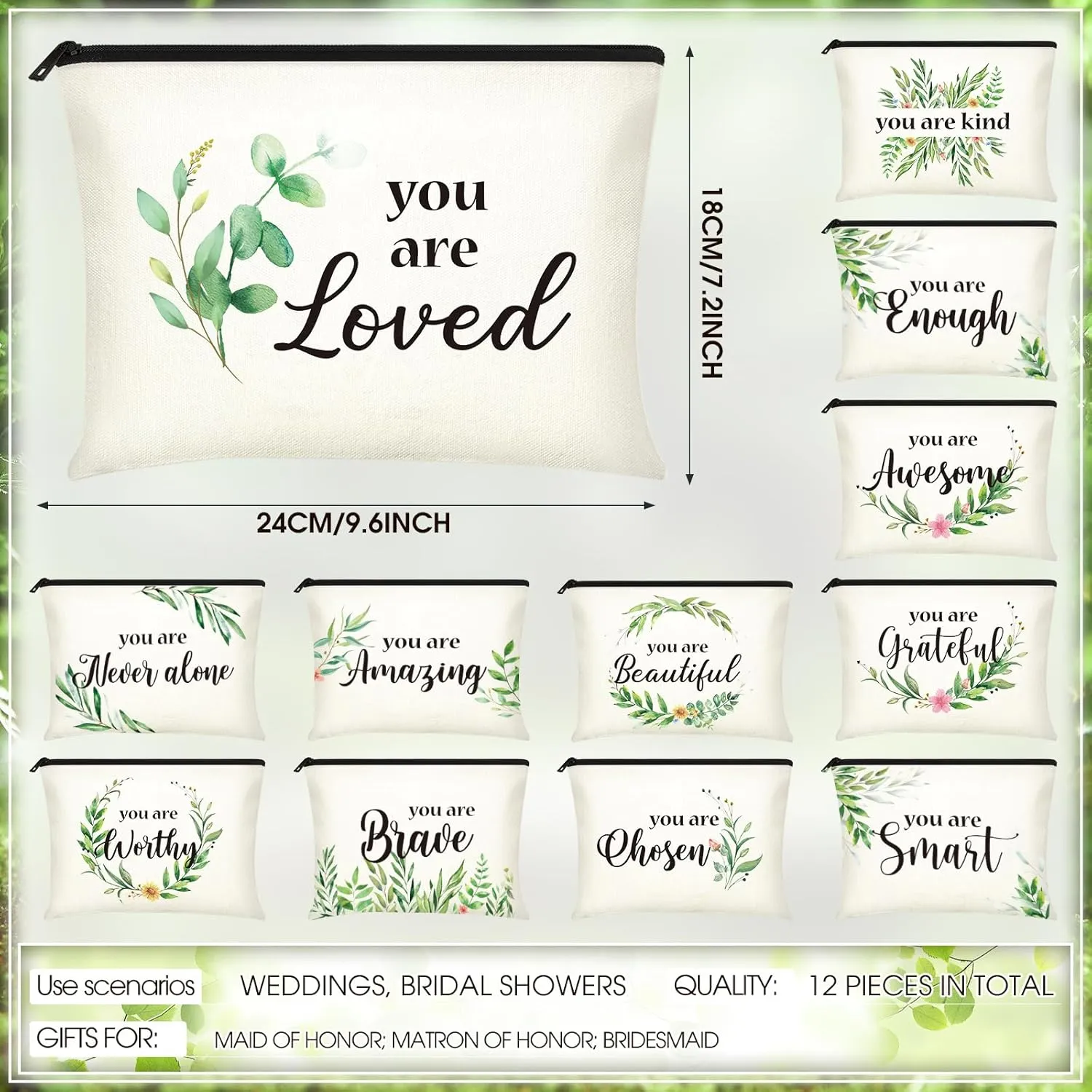 Coume 12 Pieces Thank You Gift Makeup Bags Inspirational Gifts for Social Worker Nurse Women Appreciation Gift for Colleague Coworkers Teacher Volunteer Cosmetic Bags for Birthday(Fresh,Green)