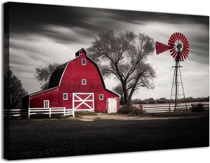 Country Windmill Wall Decor Red Barn Pictures Black and White Vintage Old Barn Print Canvas Living Room Rustic Farm Landscape Poster Nature Scenic Artwork Kitchen Bedroom Office Home Decoration 12x16"