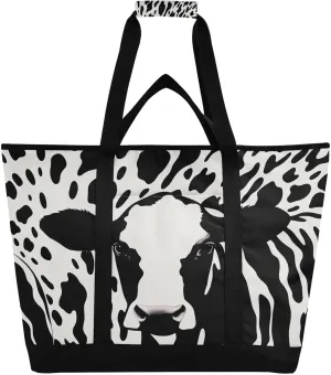 Cow Texture Reusable Insulated Lunchbox Cooler Bag, Leakproof Kitchen Grocery Bag Collapsible Portable Cooler Tote Bag for Picnic, Camping, Office, Travel