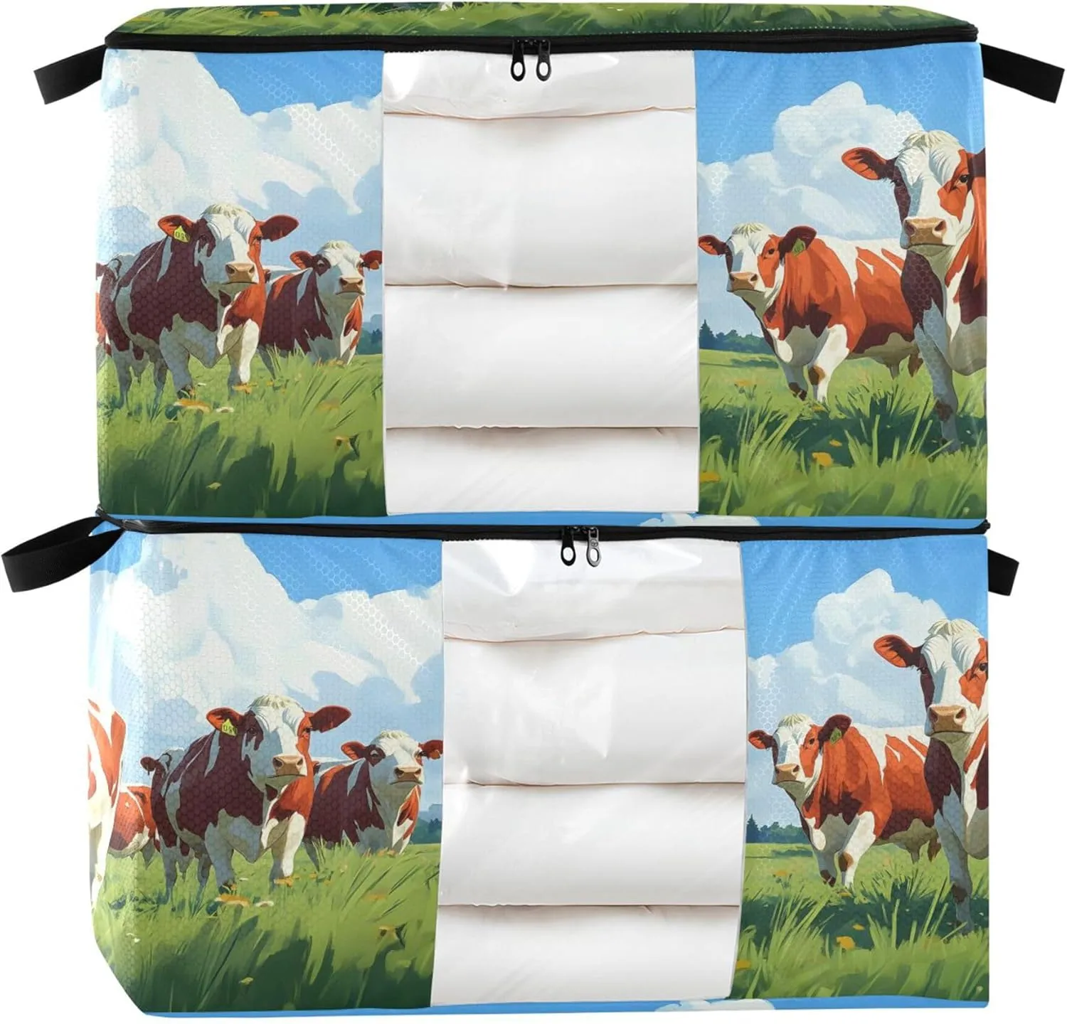 Cows in Pasture Large Storage Bags 2 Pack Foldable Moving Bags with Handles Zippers Clear Window for Clothing Bedding Blanket, Closet Storage for College Dorm, 60L