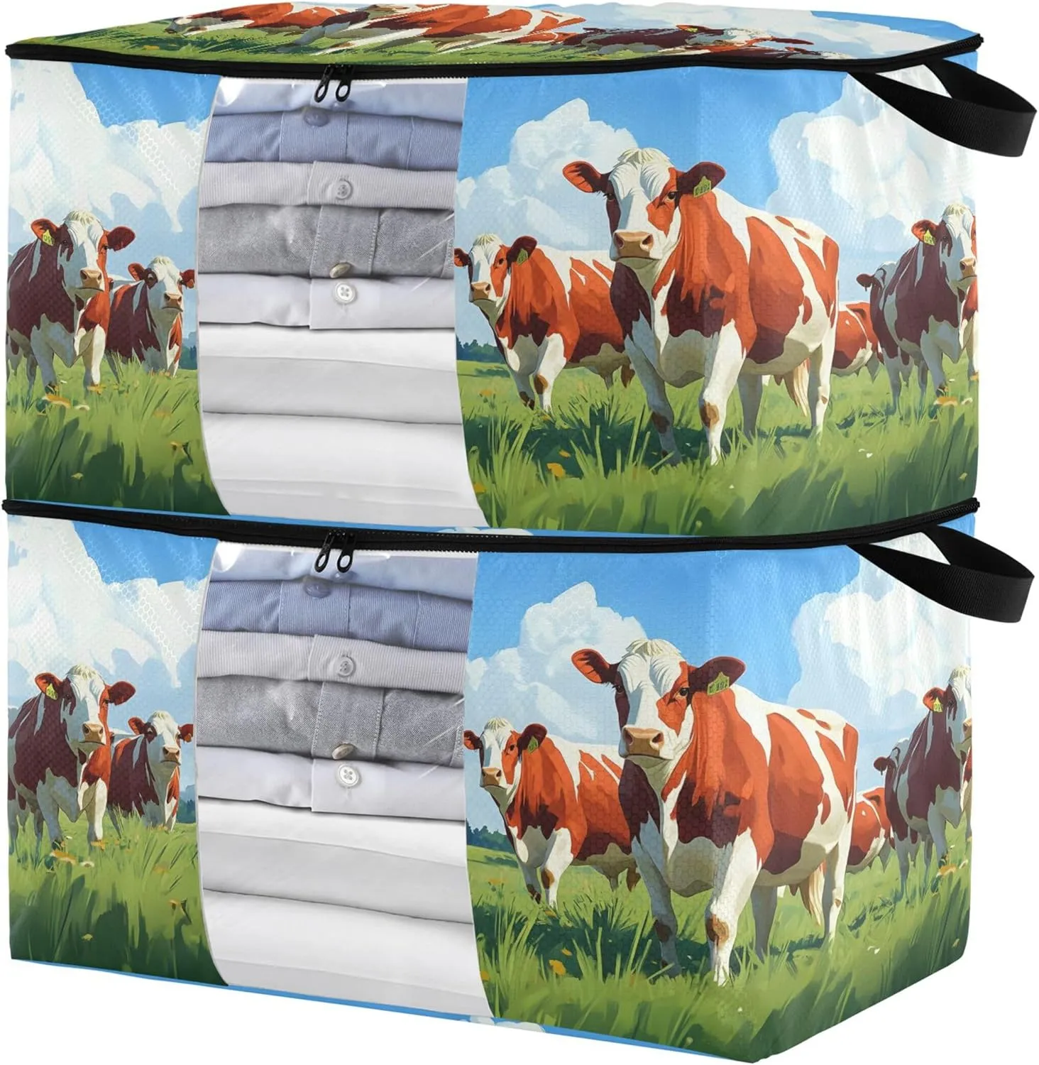 Cows in Pasture Large Storage Bags 2 Pack Foldable Moving Bags with Handles Zippers Clear Window for Clothing Bedding Blanket, Closet Storage for College Dorm, 60L