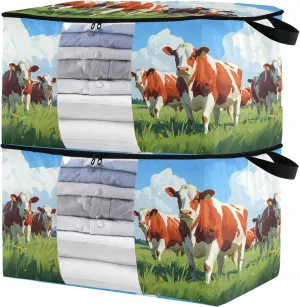 Cows in Pasture Large Storage Bags 2 Pack Foldable Moving Bags with Handles Zippers Clear Window for Clothing Bedding Blanket, Closet Storage for College Dorm, 60L