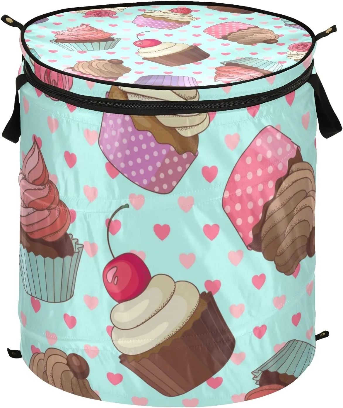 Cream Cupcakes with Rose Cherry Seamless Pink Hearts on Turquoise Pop Up Laundry Hamper, Collapsible Dirty Clothes Basket with Zipper Lid, Storage Bag Washing Bin for Room College Dorm Travel