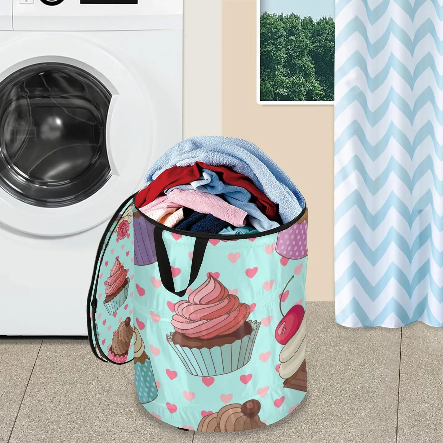 Cream Cupcakes with Rose Cherry Seamless Pink Hearts on Turquoise Pop Up Laundry Hamper, Collapsible Dirty Clothes Basket with Zipper Lid, Storage Bag Washing Bin for Room College Dorm Travel