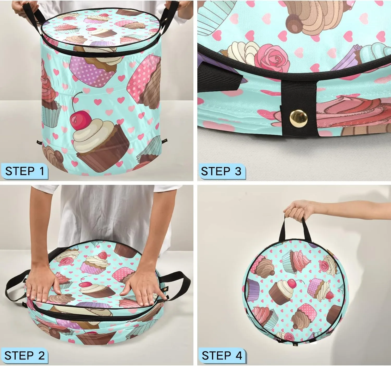 Cream Cupcakes with Rose Cherry Seamless Pink Hearts on Turquoise Pop Up Laundry Hamper, Collapsible Dirty Clothes Basket with Zipper Lid, Storage Bag Washing Bin for Room College Dorm Travel