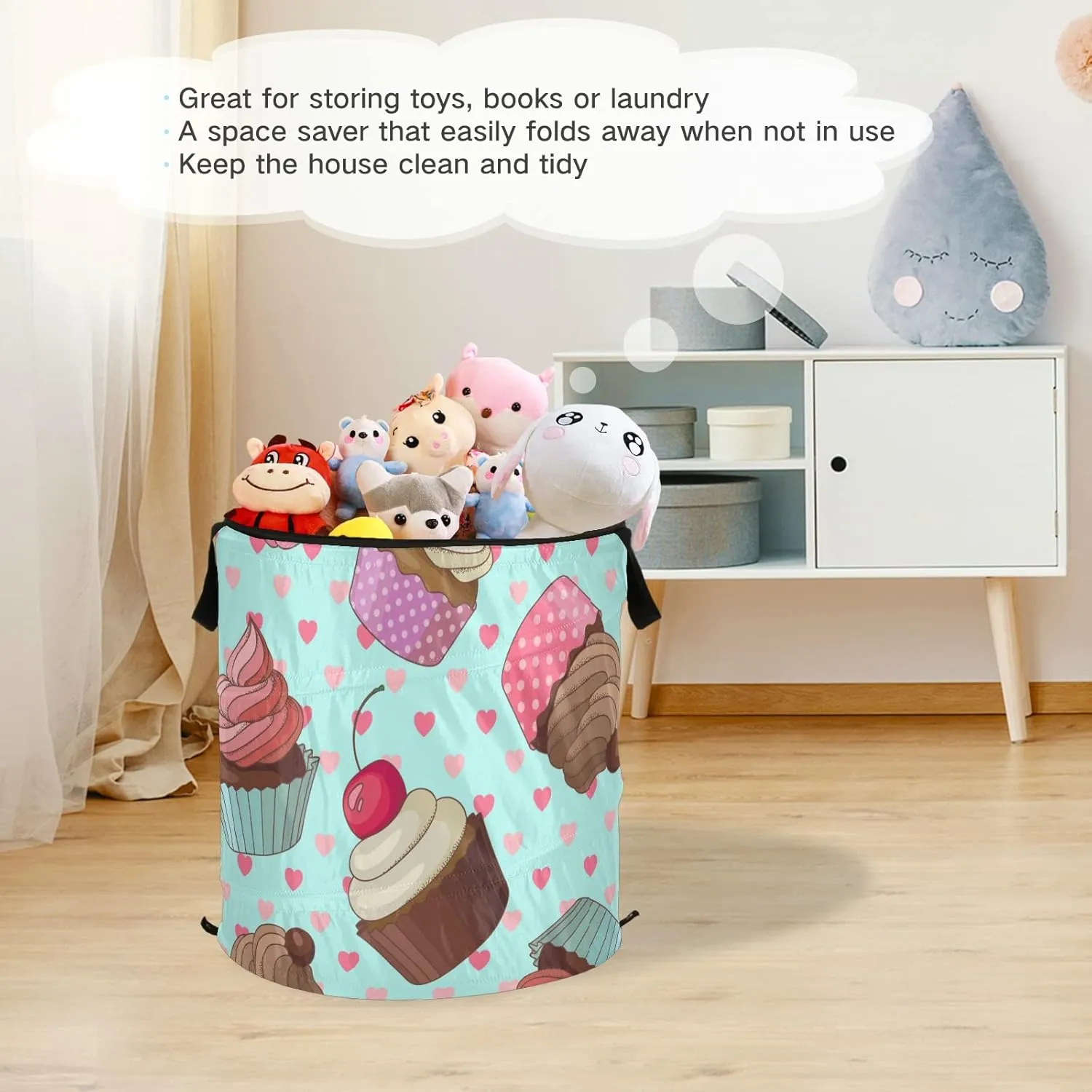 Cream Cupcakes with Rose Cherry Seamless Pink Hearts on Turquoise Pop Up Laundry Hamper, Collapsible Dirty Clothes Basket with Zipper Lid, Storage Bag Washing Bin for Room College Dorm Travel