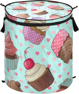 Cream Cupcakes with Rose Cherry Seamless Pink Hearts on Turquoise Pop Up Laundry Hamper, Collapsible Dirty Clothes Basket with Zipper Lid, Storage Bag Washing Bin for Room College Dorm Travel