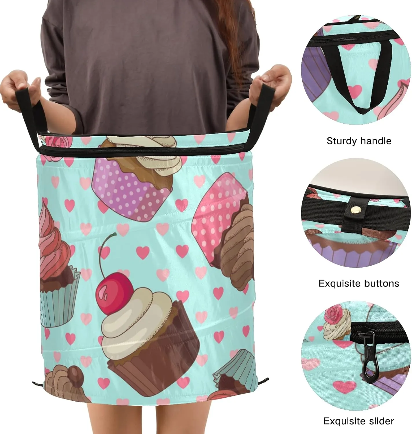Cream Cupcakes with Rose Cherry Seamless Pink Hearts on Turquoise Pop Up Laundry Hamper, Collapsible Dirty Clothes Basket with Zipper Lid, Storage Bag Washing Bin for Room College Dorm Travel