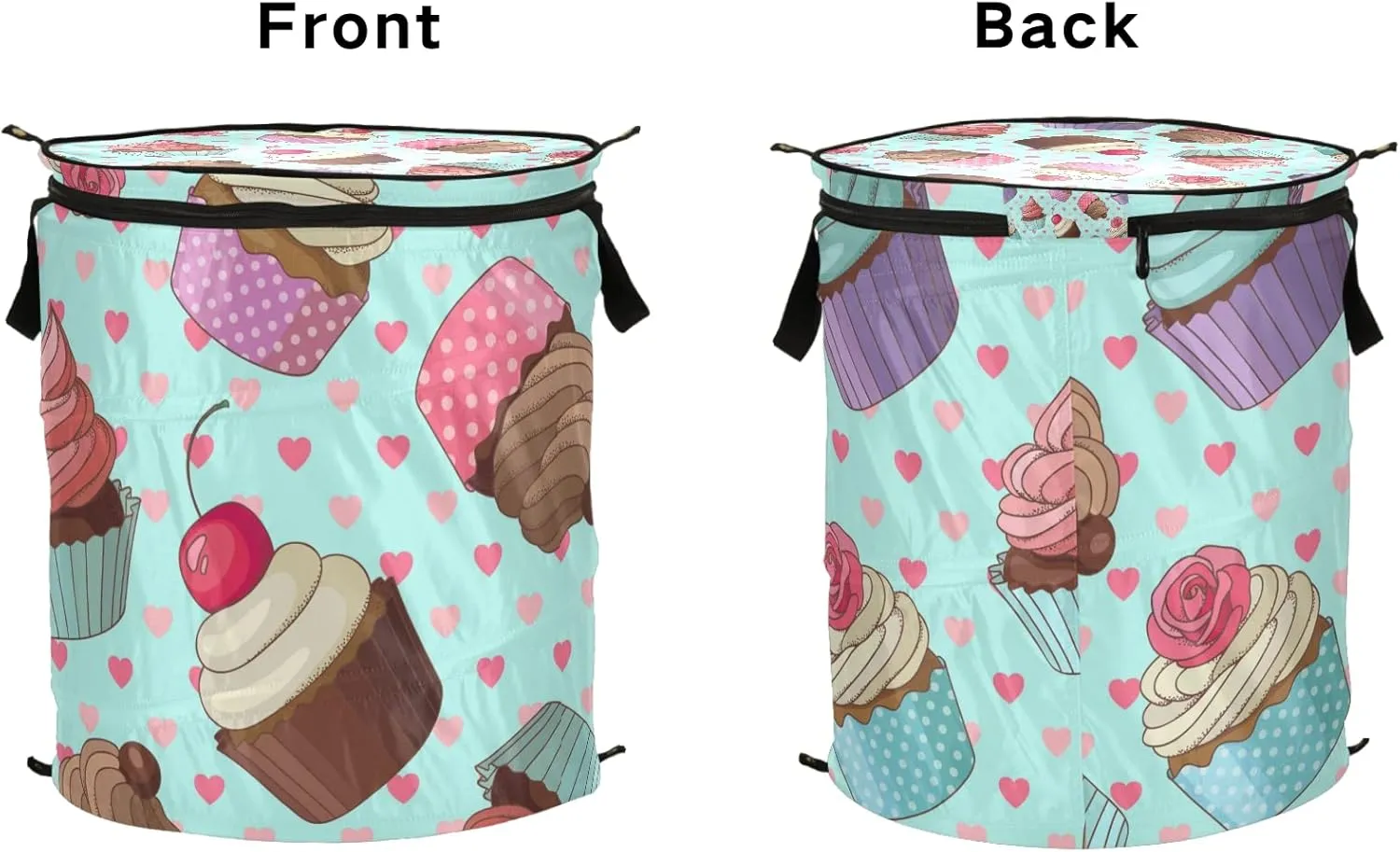 Cream Cupcakes with Rose Cherry Seamless Pink Hearts on Turquoise Pop Up Laundry Hamper, Collapsible Dirty Clothes Basket with Zipper Lid, Storage Bag Washing Bin for Room College Dorm Travel