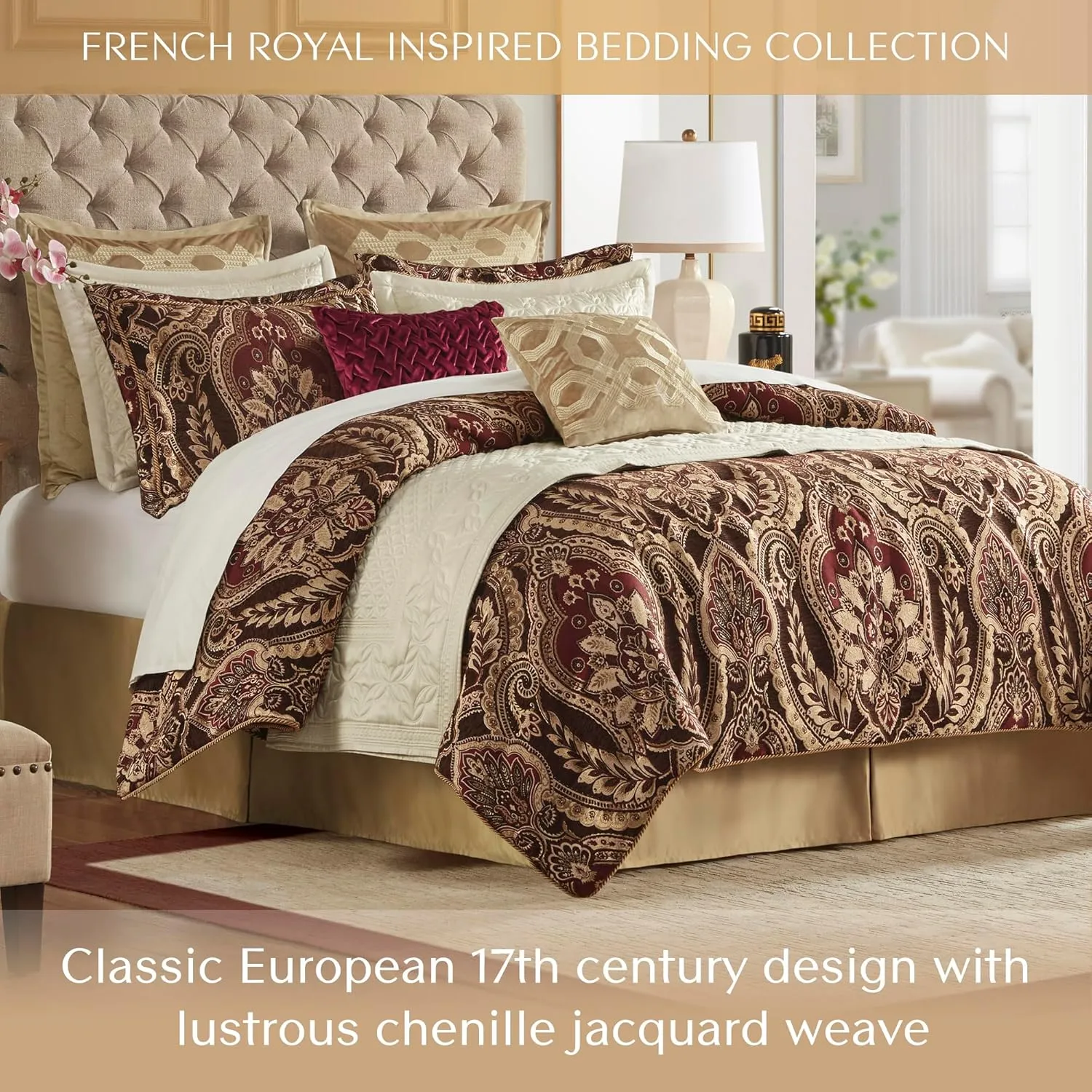 Croscill Queen Comforter Set, Luxe Chenille Jacquard Damask, Soft Microfiber Twill Comforter & Bedding, Shams & Bedskirt, Julius, Queen, Burgundy 4 Piece