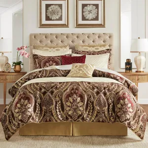 Croscill Queen Comforter Set, Luxe Chenille Jacquard Damask, Soft Microfiber Twill Comforter & Bedding, Shams & Bedskirt, Julius, Queen, Burgundy 4 Piece