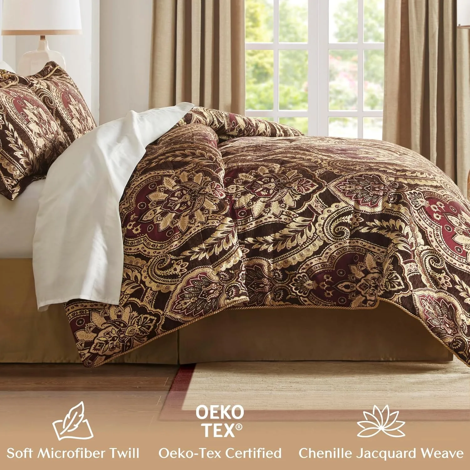 Croscill Queen Comforter Set, Luxe Chenille Jacquard Damask, Soft Microfiber Twill Comforter & Bedding, Shams & Bedskirt, Julius, Queen, Burgundy 4 Piece