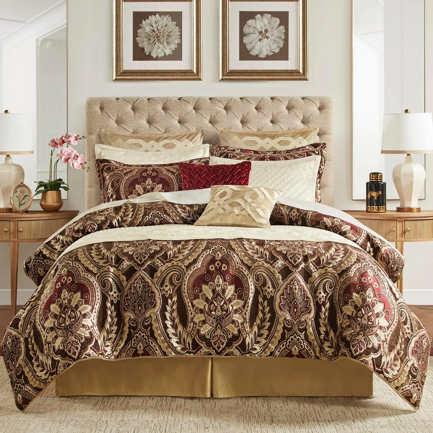 Croscill Queen Comforter Set, Luxe Chenille Jacquard Damask, Soft Microfiber Twill Comforter & Bedding, Shams & Bedskirt, Julius, Queen, Burgundy 4 Piece