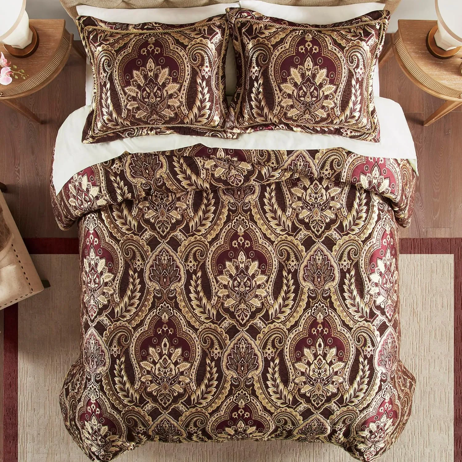 Croscill Queen Comforter Set, Luxe Chenille Jacquard Damask, Soft Microfiber Twill Comforter & Bedding, Shams & Bedskirt, Julius, Queen, Burgundy 4 Piece