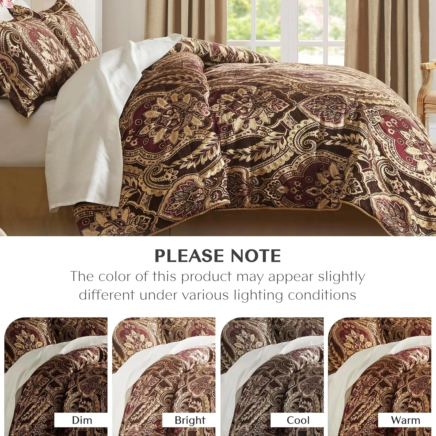 Croscill Queen Comforter Set, Luxe Chenille Jacquard Damask, Soft Microfiber Twill Comforter & Bedding, Shams & Bedskirt, Julius, Queen, Burgundy 4 Piece