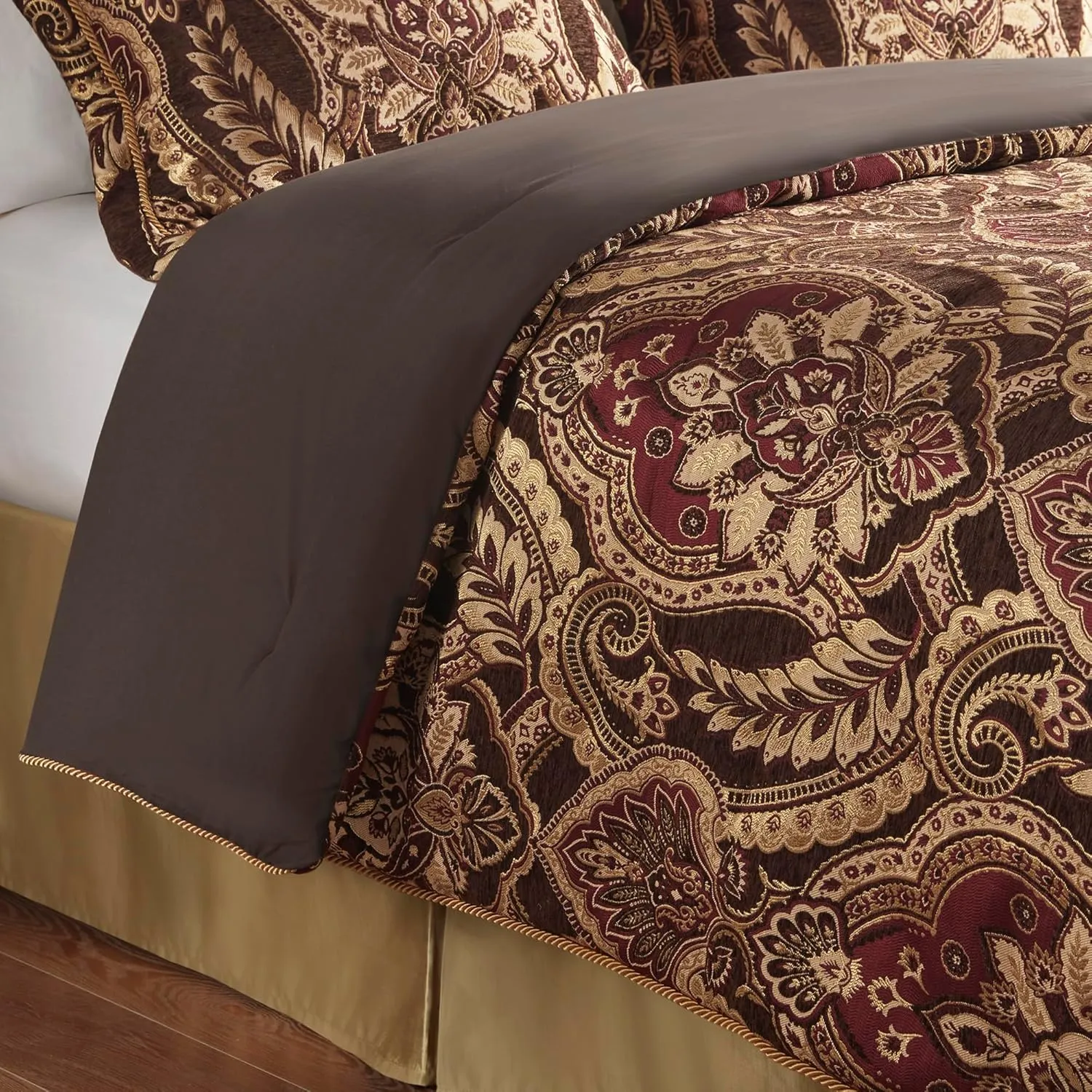 Croscill Queen Comforter Set, Luxe Chenille Jacquard Damask, Soft Microfiber Twill Comforter & Bedding, Shams & Bedskirt, Julius, Queen, Burgundy 4 Piece