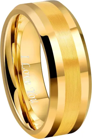 CROWNAL 6mm 8mm 10mm Silver/Gold Tungsten Carbide Wedding Band Ring Engraved I Love You Men Women Brushed Strip Beveled Edge Size 4 To 17