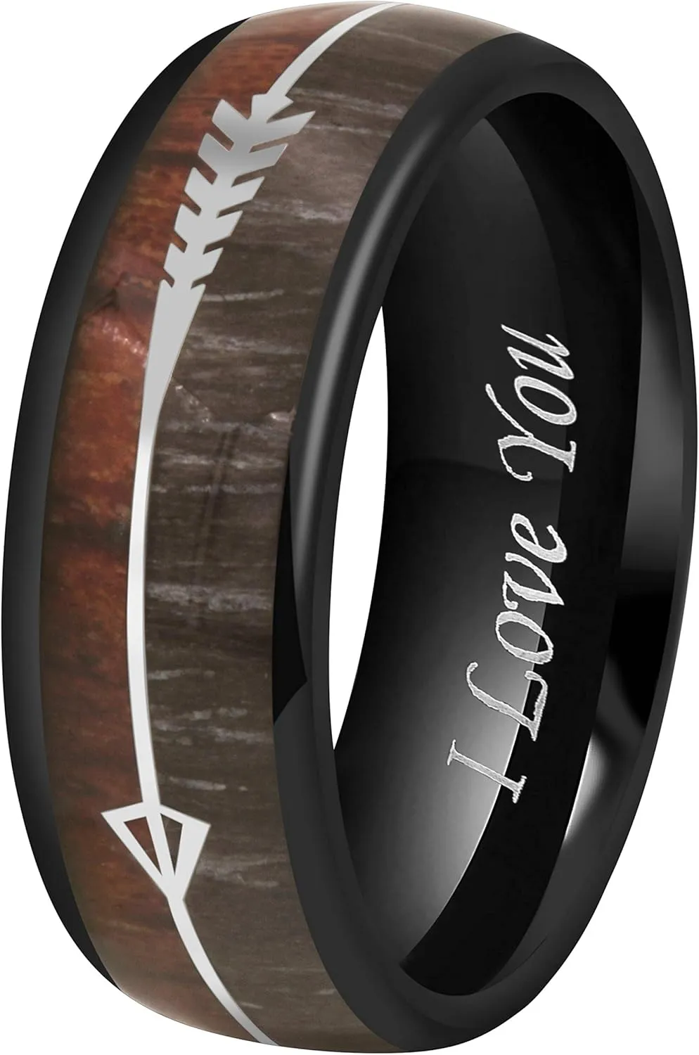 CROWNAL 6mm 8mm Tungsten Koa Wood Zebra Wood Arrows Meteorite Inlay Vikings Hunting Ring Band Silver/Black/Rose Gold Engraved I Love You Size 5 To 17