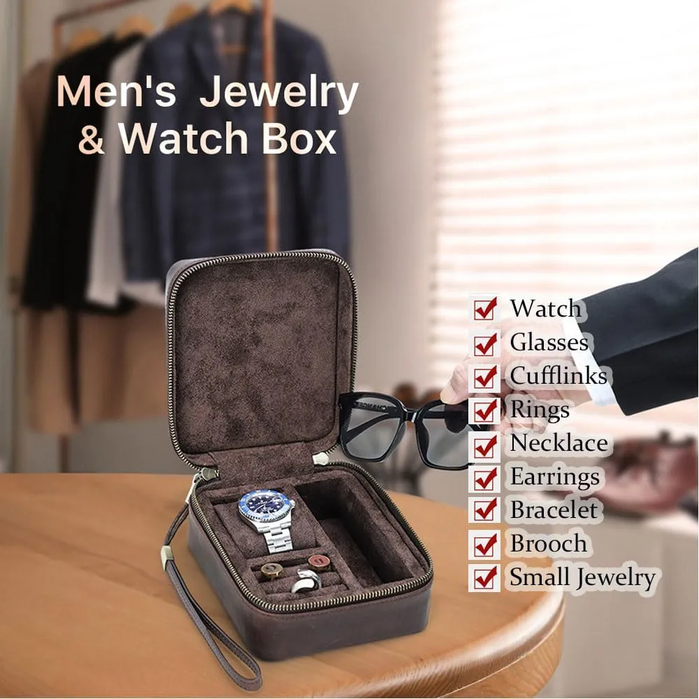 Cufflinks Box Leather Watch Case Glasses Holder for Men Travel Jewelry Storage Organizer Small Padded Tray for Cufflinks Watch Band Sunglasses Rings Studs