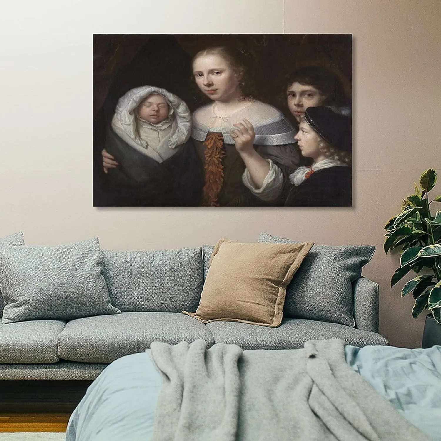 CUI HUA SHI Wallerant Vaillant - Portrait of A Young Woman with Three Children HD Print on Canvas Painting Wall Art for Living Room Decor Boy Gift 16x24inch(40x60cm)