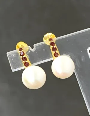 Cultured White Freshwater PEARL (11 mm) and Rhodonite GARNET Natural Gemstone, 18K Gold Plated 925 Sterling Silver, CLASSIC Pearl Stud Earrings Fine Jewelry.