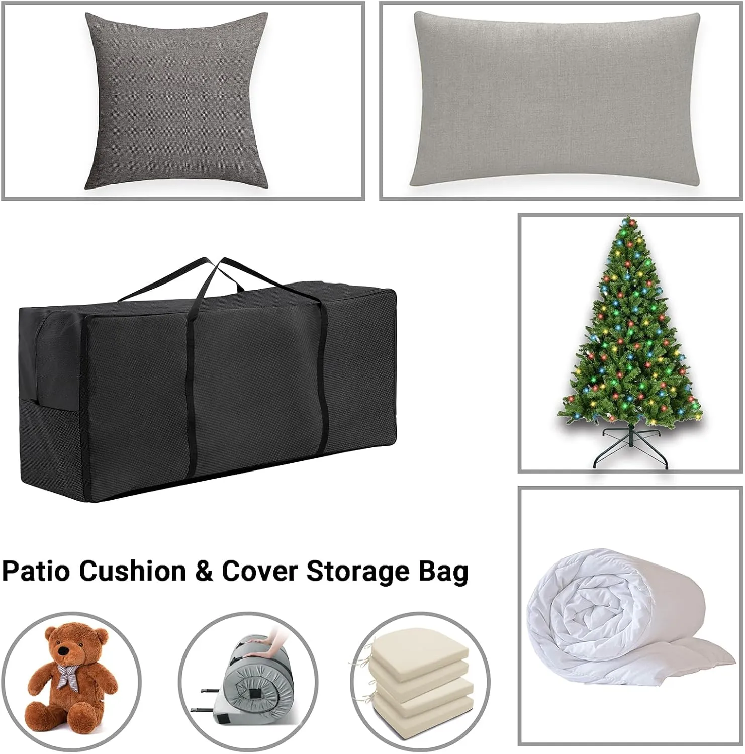 Cushion Storage Bag, Outdoor Patio Heavy Duty Storage Bag with Zipper and Handle, Black