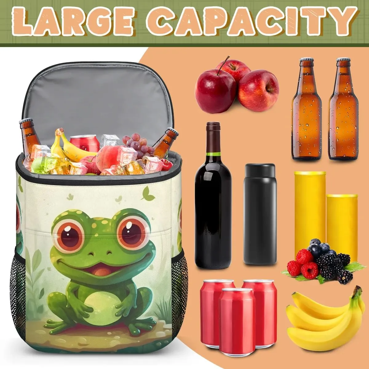Cute Kawaii Frog Backpack Cooler Leakproof Insulated Cooler Bag Beach Travel Camping Lunch Backpack for Men Women