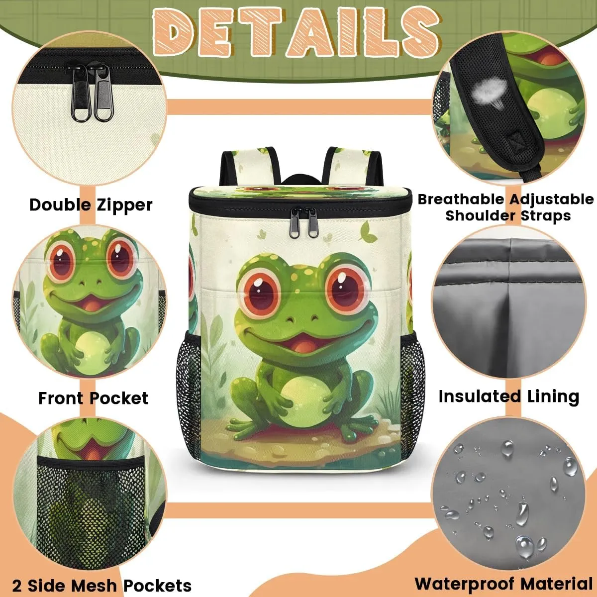 Cute Kawaii Frog Backpack Cooler Leakproof Insulated Cooler Bag Beach Travel Camping Lunch Backpack for Men Women