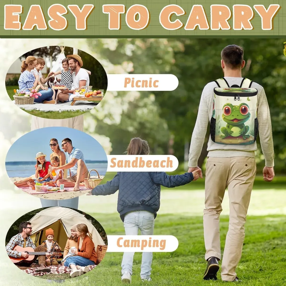 Cute Kawaii Frog Backpack Cooler Leakproof Insulated Cooler Bag Beach Travel Camping Lunch Backpack for Men Women