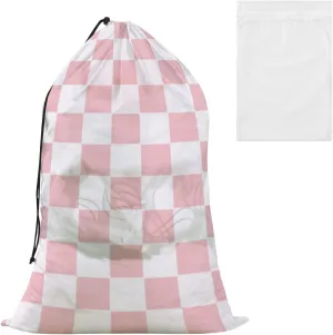 Cute pink checkerboard Extra Large Laundry Storage Bag with Mesh Laundry Bag Set for School Travel College Dorm Drawstring Closure Multiple Laundry Basket Organizer