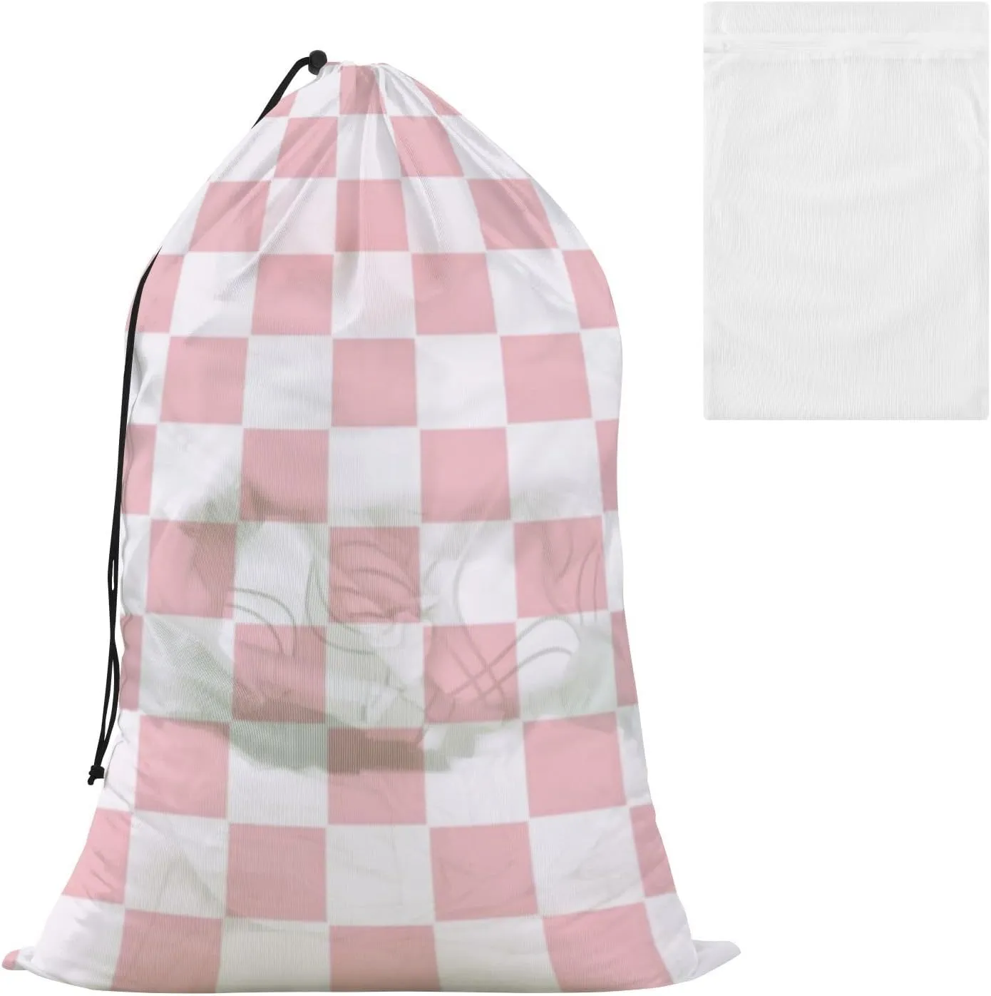 Cute pink checkerboard Extra Large Laundry Storage Bag with Mesh Laundry Bag Set for School Travel College Dorm Drawstring Closure Multiple Laundry Basket Organizer