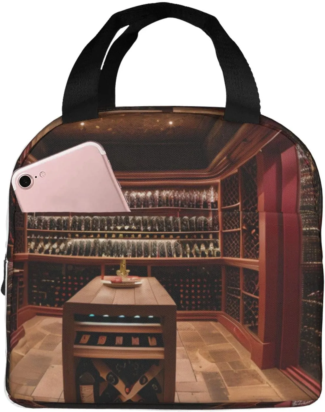 Cute Red Wine Cellar Print Lunch Bag Insulated Lunch Tote Bag/Cooler Tote for Office work Picnic Camp