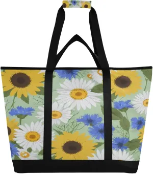 Cute Sunflowers and White Daisy Flowers Reusable Insulated Lunchbox Cooler Bag, Leakproof Kitchen Grocery Bag Collapsible Portable Cooler Tote Bag for Picnic, Camping, Office, Travel