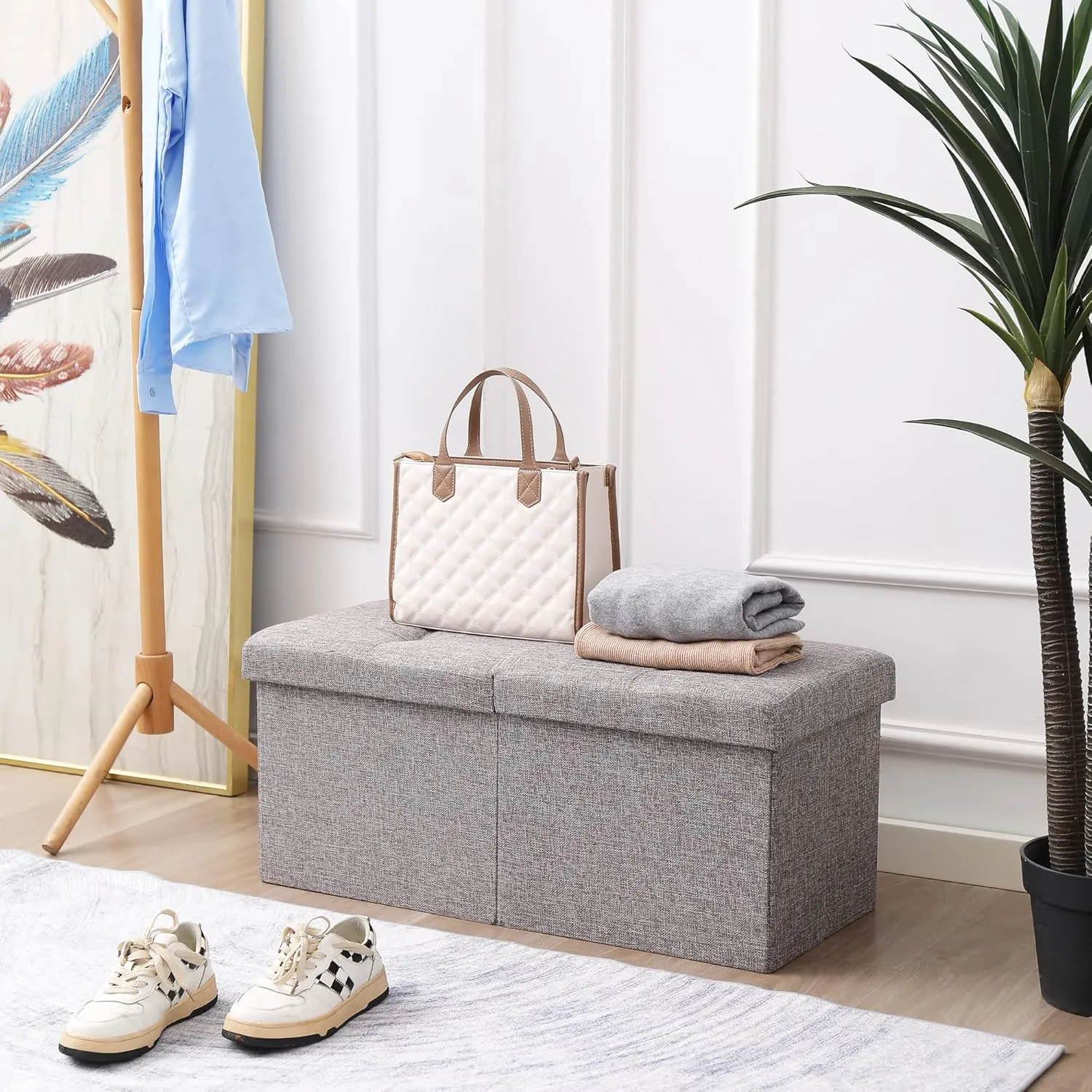 CUYOCA Storage Ottoman Beach Foldable Seat Footrest Shoe Bench End of Bed Storage with Flipping Lid, 75L Storage Space, 30 inches Linen Fabric Grey¡­
