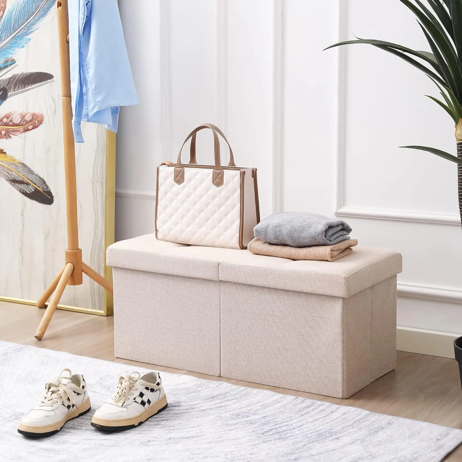 CUYOCA Storage Ottoman Bench Foldable Seat Footrest Shoe Bench End of Bed Storage with Flipping Lid, 75L Storage Space, 30 inches Linen Fabric Beige