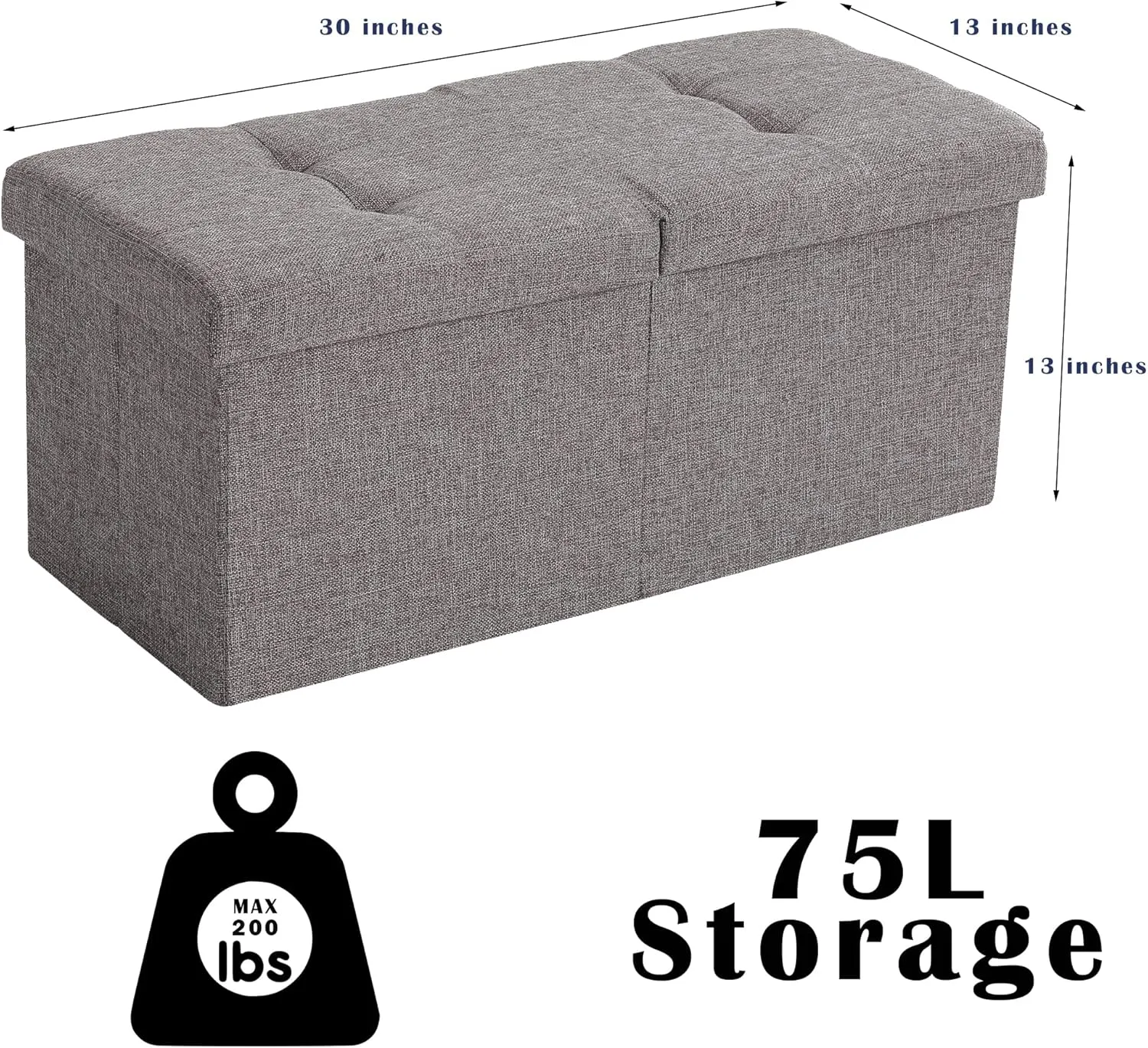 CUYOCA Storage Ottoman Bench Foldable Seat Footrest Shoe Bench End of Bed Storage with Flipping Lid, 75L Storage Space, 30 inches Linen Fabric Beige