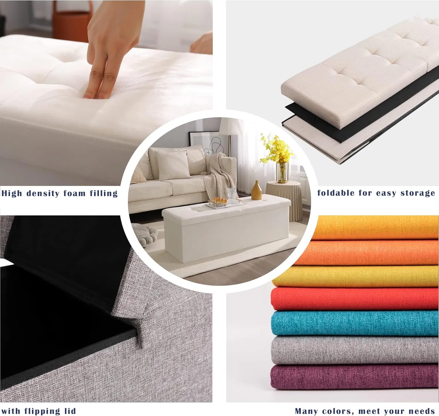 CUYOCA Storage Ottoman Bench Foldable Seat Footrest Shoe Bench End of Bed Storage with Flipping Lid, 75L Storage Space, 30 inches Linen Fabric Beige