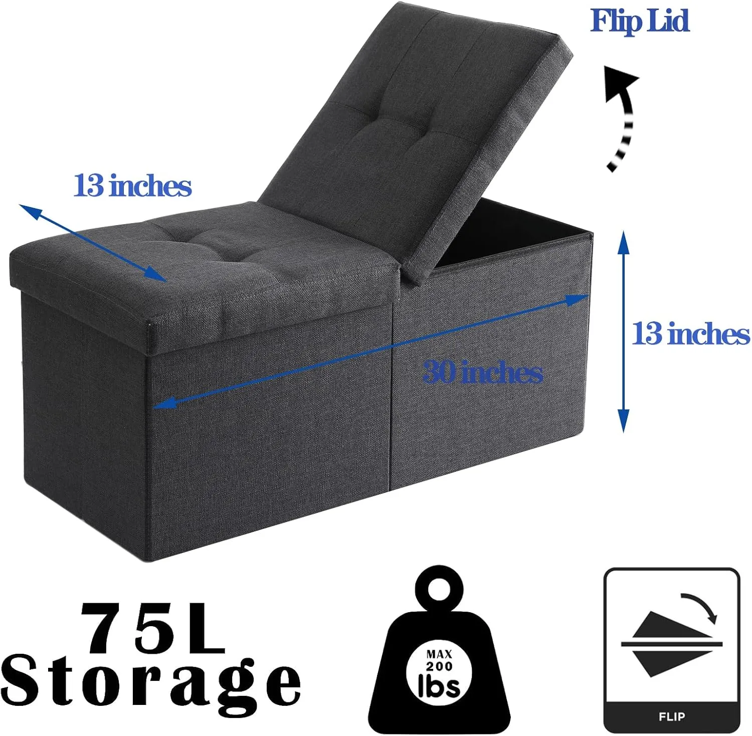 CUYOCA Storage Ottoman Bench Foldable Seat Footrest Shoe Bench End of Bed Storage with Flipping Lid, 75L Storage Space, 30 inches Linen Fabric Brown