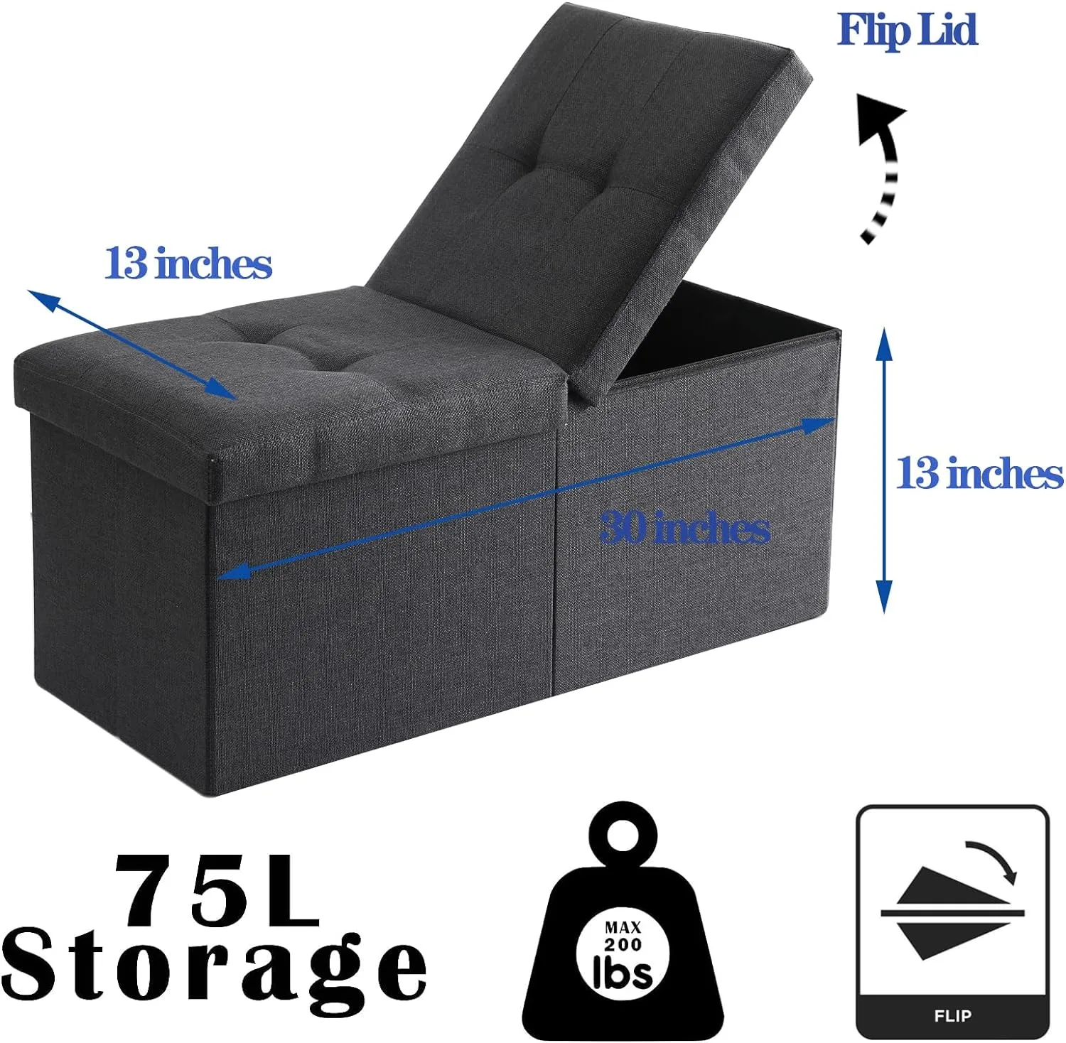 CUYOCA Storage Ottoman Bench Foldable Seat Footrest Shoe Bench End of Bed Storage with Flipping Lid, 75L Storage Space, 30 inches Linen Fabric Dark Grey