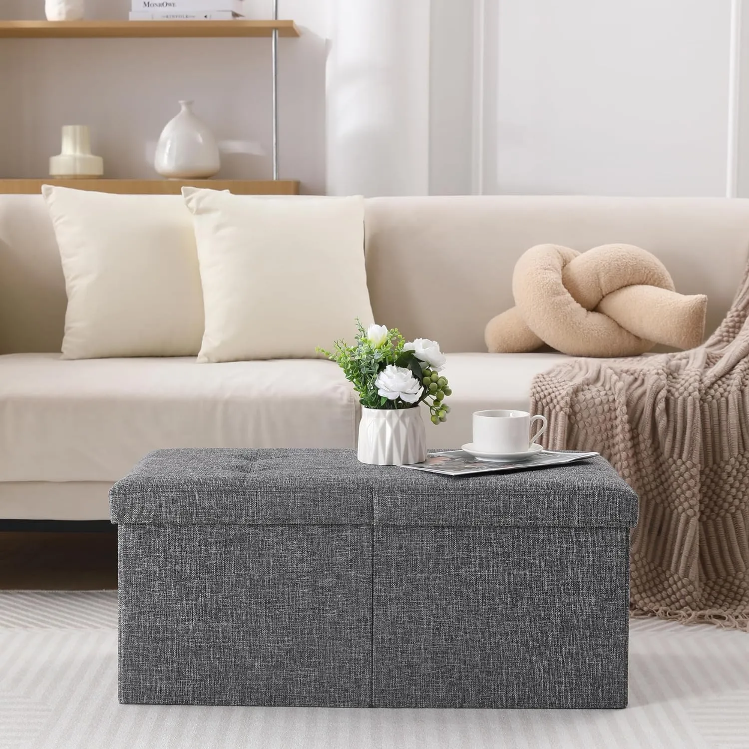 CUYOCA Storage Ottoman Bench Foldable Seat Footrest Shoe Bench End of Bed Storage with Flipping Lid, 75L Storage Space, 30 inches Linen Fabric Dark Grey