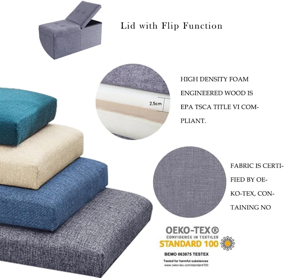 CUYOCA Storage Ottoman Bench Foldable Seat Footrest Shoe Bench End of Bed Storage with Flipping Lid, 75L Storage Space, 30 inches Linen Fabric Navy