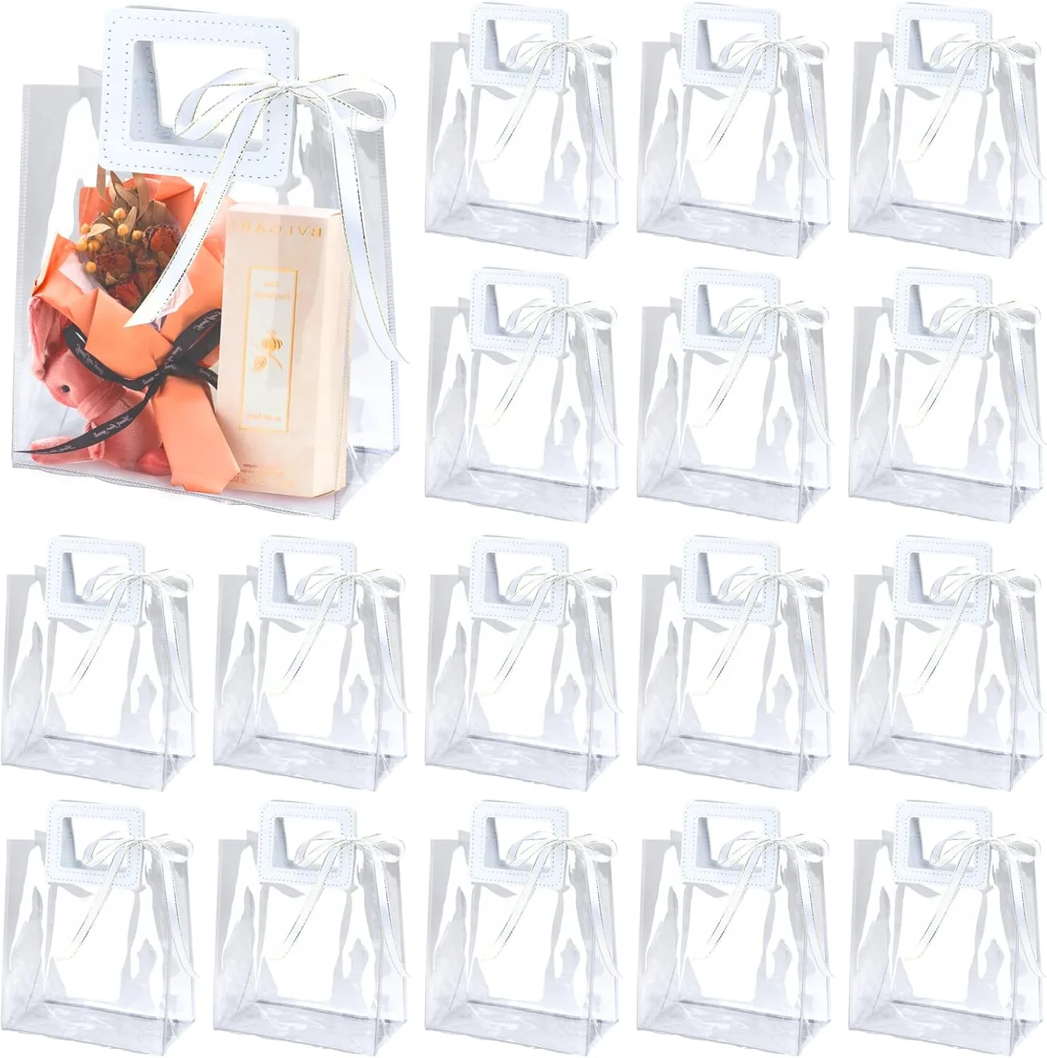 CZWESTC 16 Pack 7 x 8 x 4 Clear Plastic Gift Bags with Handle,Reusable Transparent PVC Plastic Gift Wrap Tote Bag Heavy Duty Gift Wrap Bags (White)