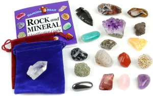 Dancing Bear Rock and Mineral Geology Education Collection - 18 Pcs of Gem Stones w Identification Book. Box and 2 Velvet Pouches Included! Geology Gem Kit for Kids