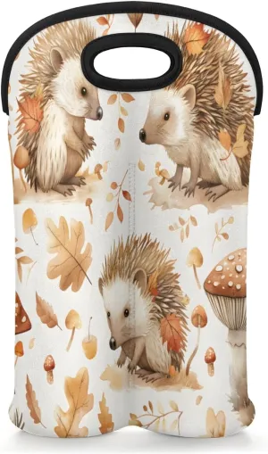 Deciduous mushroom hedgehog Wine Carrier Tote, Neoprene Wine Bag, Holds 2 Bottles, Wine Bottle Holder for Travel, Travel Wine Bag with Safety Carrying Handle.