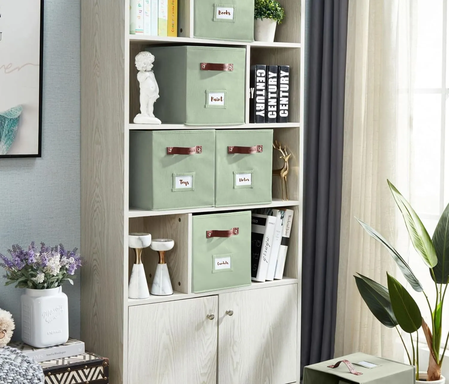 DECOMOMO Storage Bins, Cube Storage Bin with Labels, Fabric Storage Cubes for Shelves (10.5" x 11" / 6pcs, Sage Green)