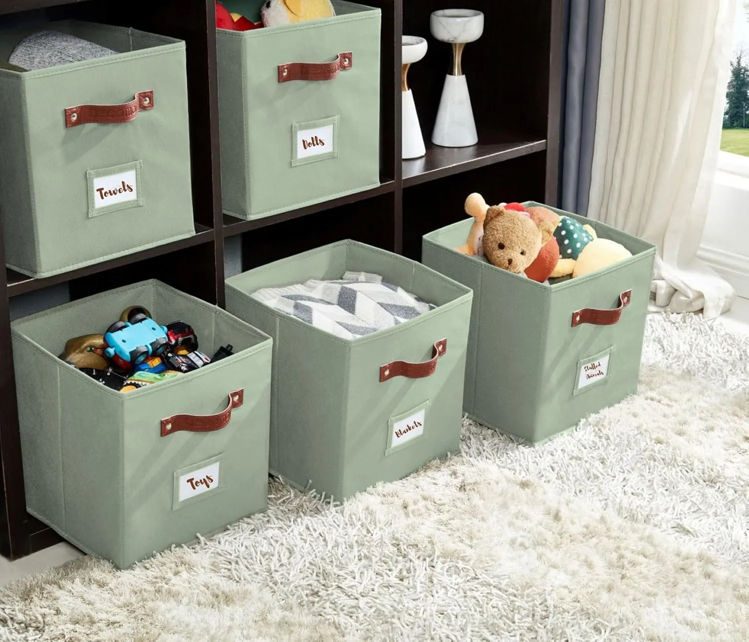 DECOMOMO Storage Bins, Cube Storage Bin with Labels, Fabric Storage Cubes for Shelves (10.5" x 11" / 6pcs, Sage Green)